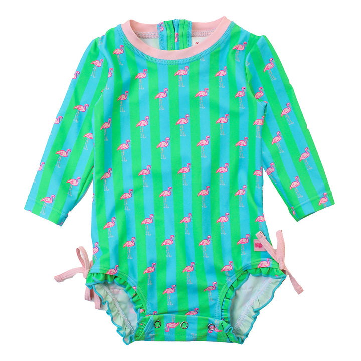 Neon Flamingo Stripe One-Piece Rash Guard by RuffleButts