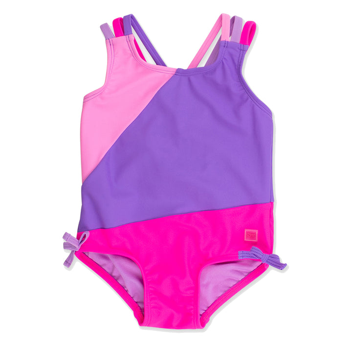 Neon Purple Color Block Cross-Back One-Piece Swimsuit by RuffleButts