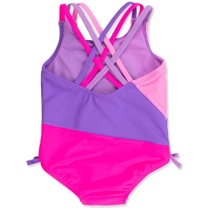 Neon Purple Color Block Cross-Back One-Piece Swimsuit by RuffleButts