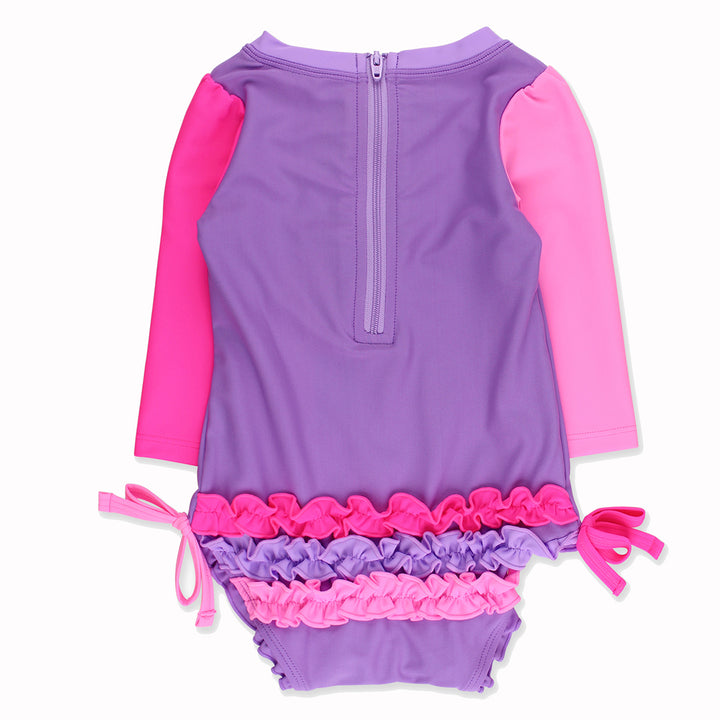 Neon Purple Color Block Long Sleeve Swimsuit by RuffleButts