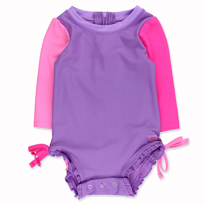 Neon Purple Color Block Long Sleeve Swimsuit by RuffleButts