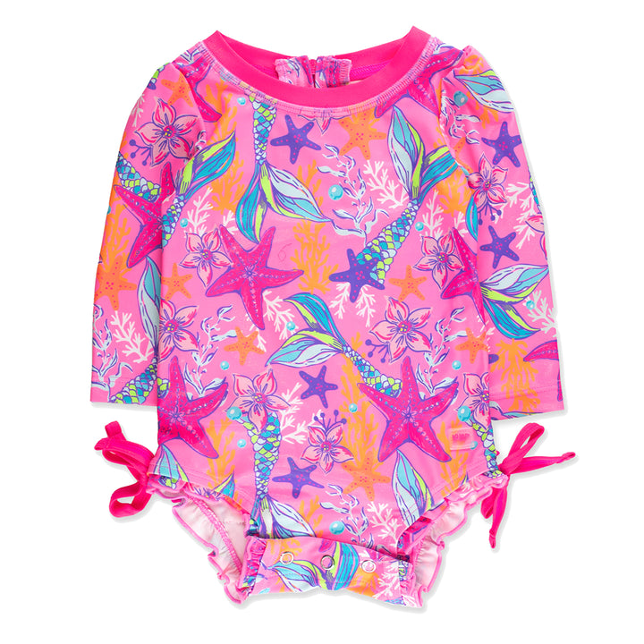 Neon Shimmer Mermaid Long Sleeve Rash Guard Swimsuit by RuffleButts