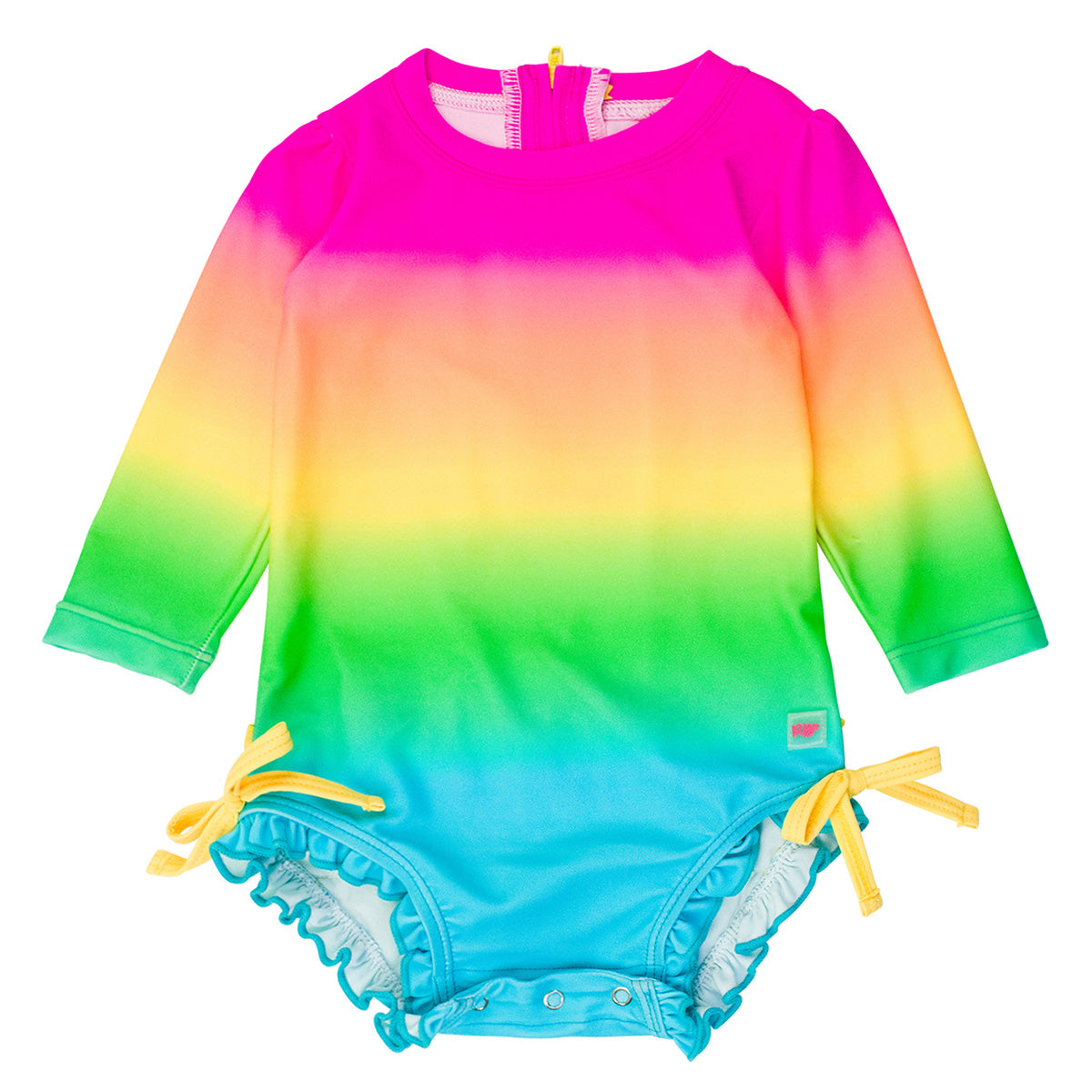 Neon Sunset One-Piece Rash Guard by RuffleButts – Purple Butterfly