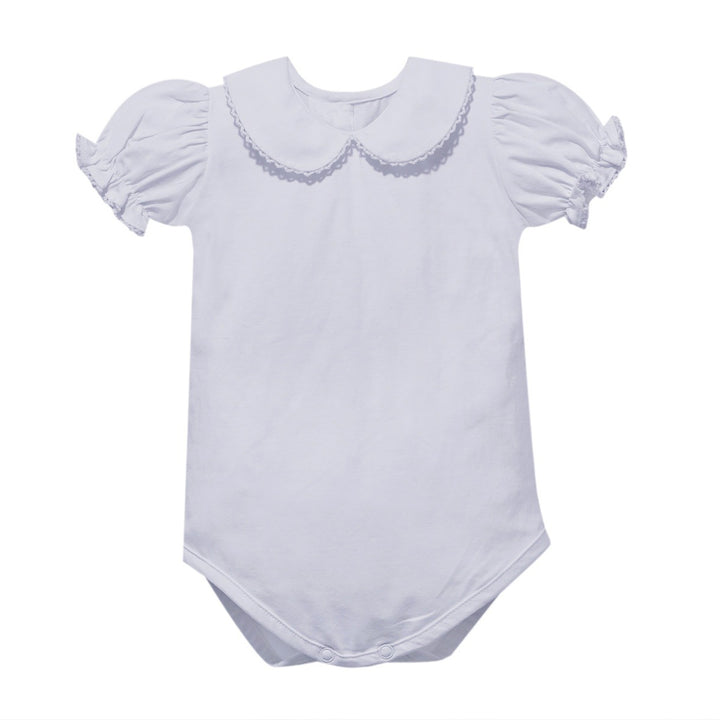 White Picot Knit Girl Short-Sleeve Onesie by Remember Nguyen