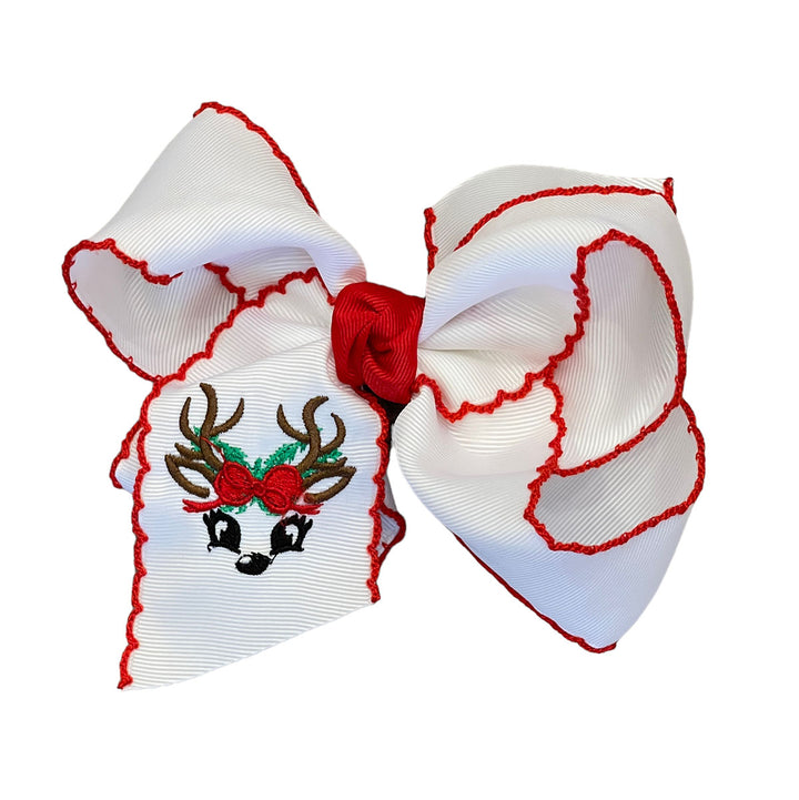 Reindeer Embroidered on Bow with Red Trim - Extra Large