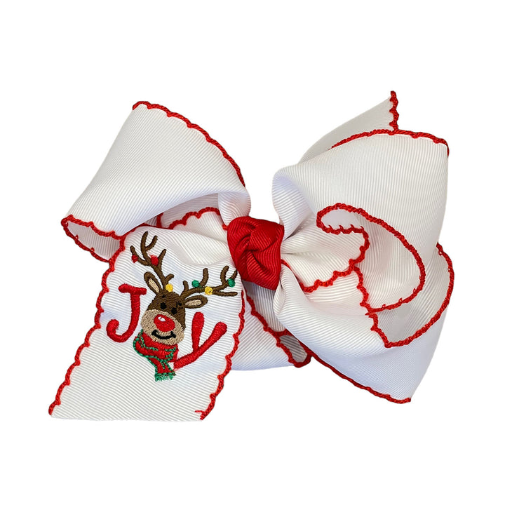 Joy Reindeer Embroidered on Bow with Red Trim - Extra Large