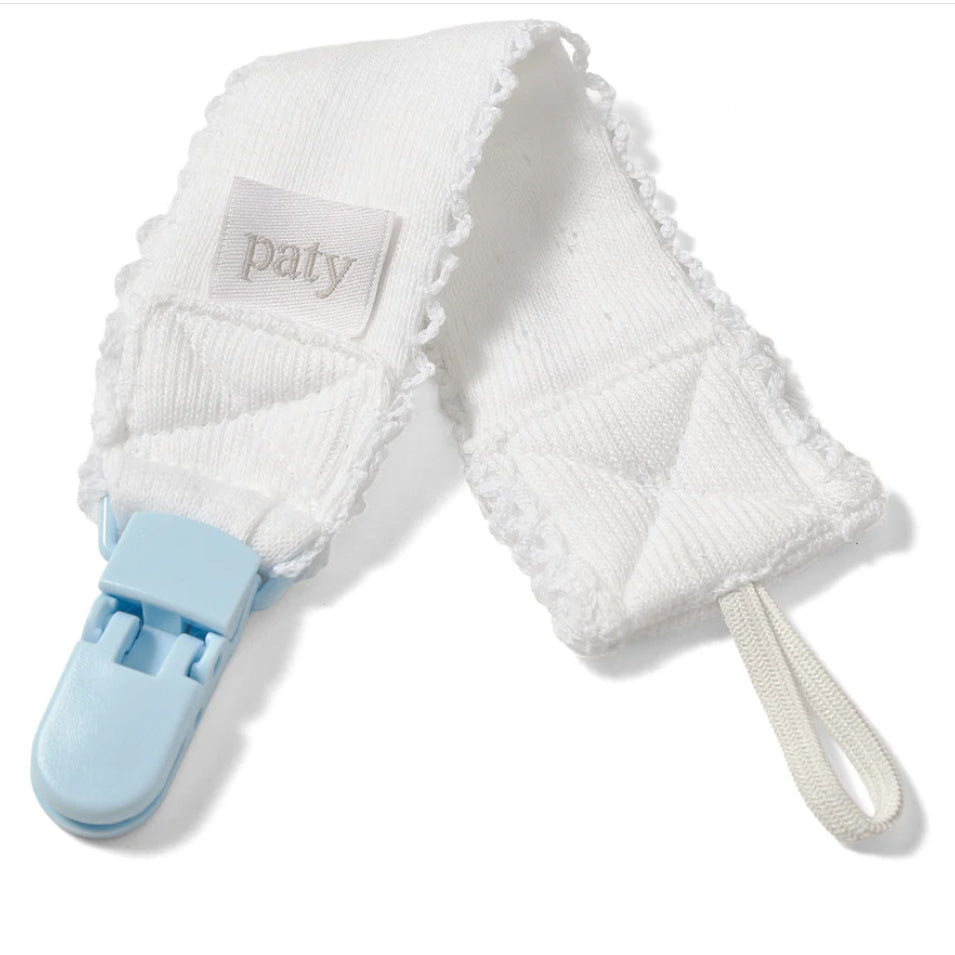 White with Blue Trim Pointelle Pacifier Clip by Paty