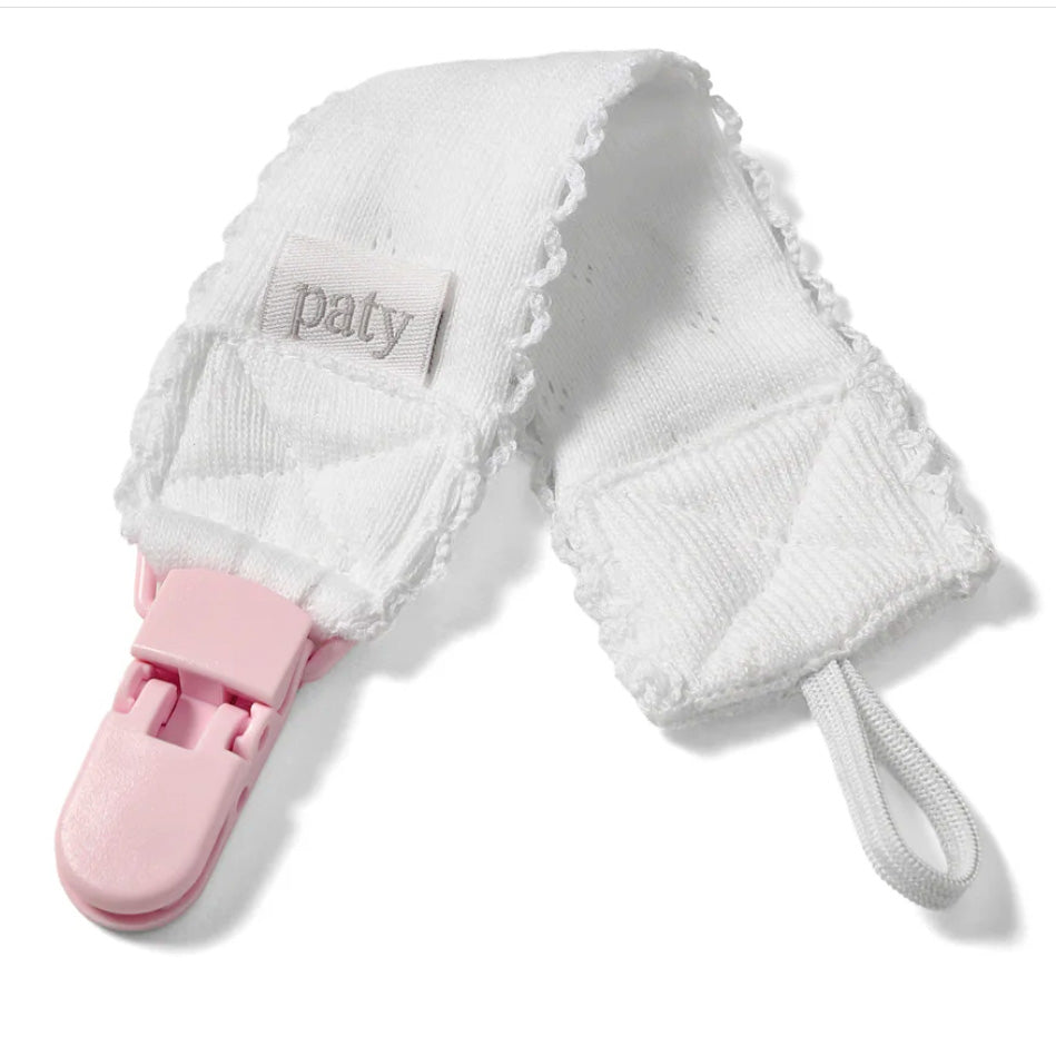 White with Pink Trim Pointelle Pacifier Clip by Paty
