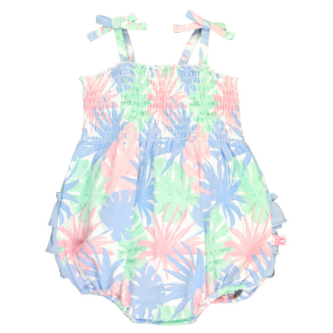 RuffleButts Pastel Palms Ruched Tie Bubble Romper