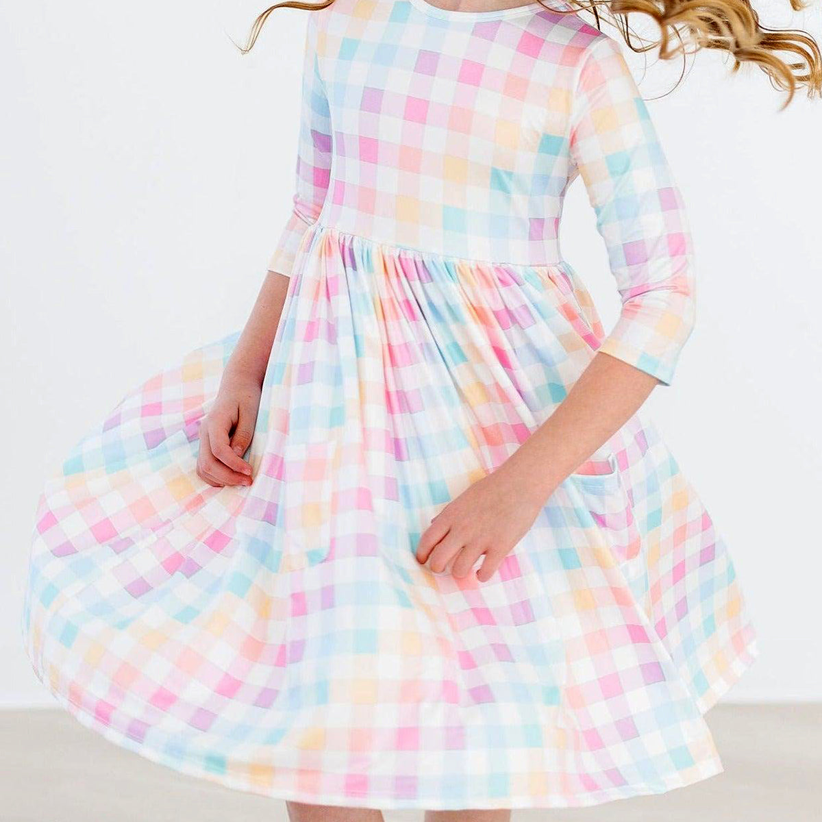 Pastel Plaid 3/4-Sleeve Pocket Twirl Dress by Mila & Rose