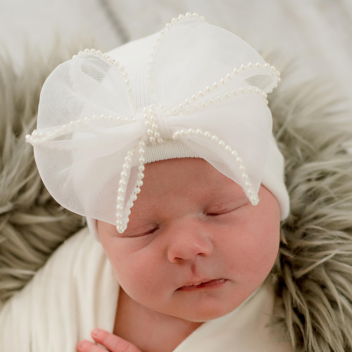 White with Pearl-Trimmed Chiffon Bow Newborn Beanie Hat by Ilybean