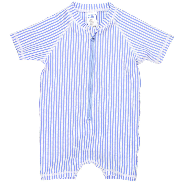 Periwinkle Blue Seersucker Short Sleeve One Piece Rash Guard by RuggedButts