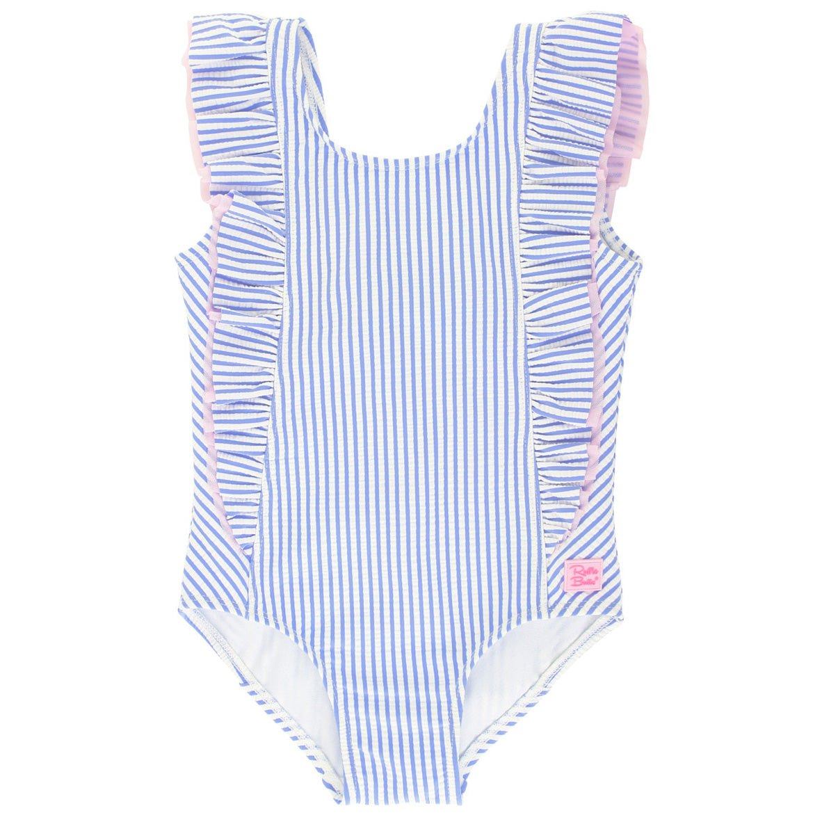 Periwinkle Blue Seersucker Waterfall One Piece Swimsuit by RuffleButts
