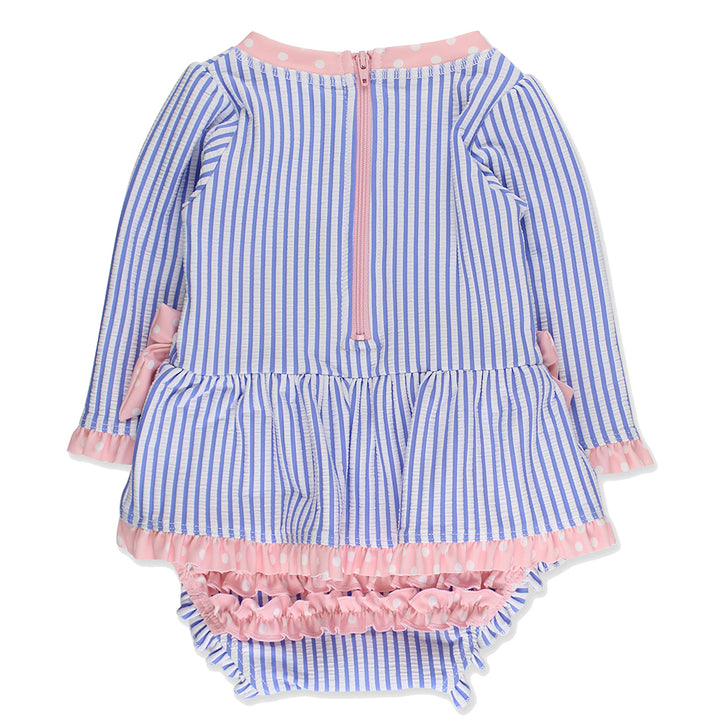 Periwinkle Blue Seersucker Bow Rash Guard Swimsuit by RuffleButts