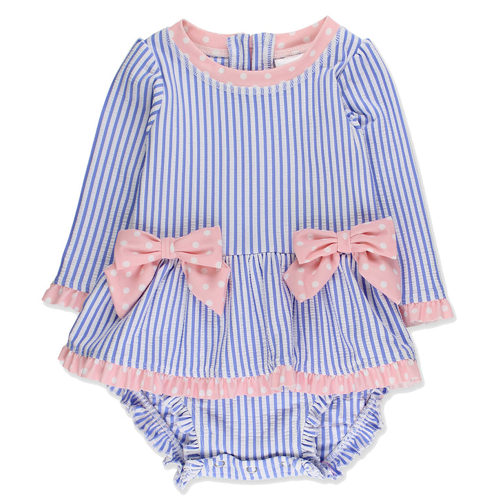 Periwinkle Blue Seersucker Bow Rash Guard Swimsuit by RuffleButts