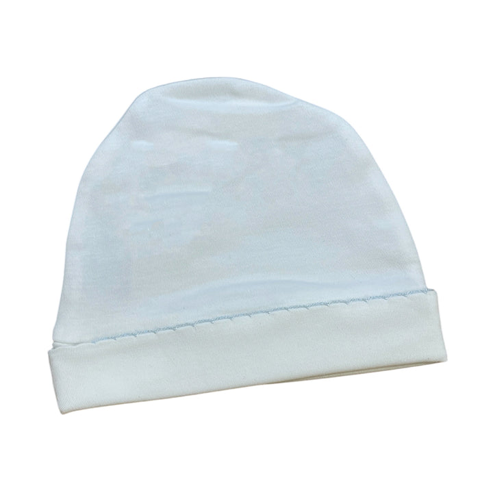 White with Blue Trim Picot Beanie Hat by Squiggles