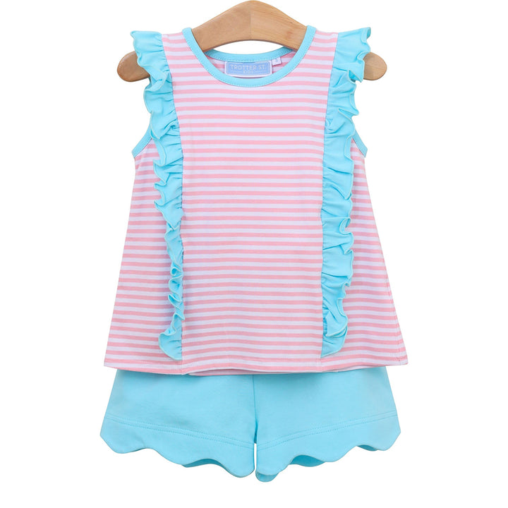 Light Pink Stripe / Aqua Trim Hazel Short Set by Trotter Street Kids