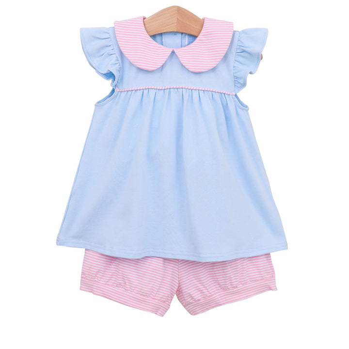 Light Pink Stripe / Blue Genevieve Bloomer Set by Trotter Street Kids