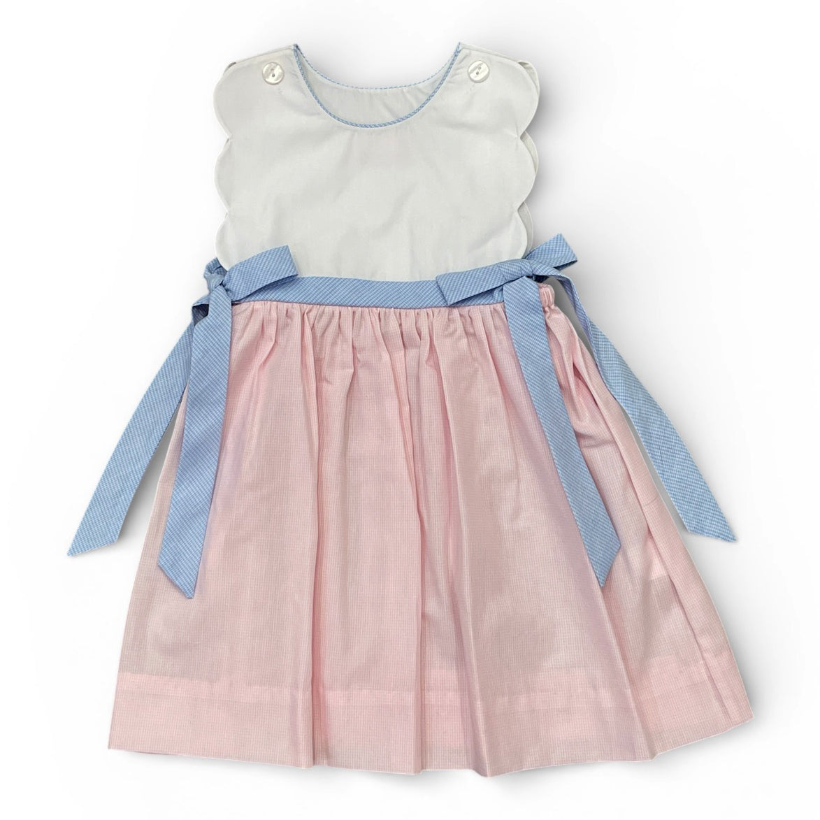 Pink Check Scalloped Dress with Blue Side Bows by Petit Bebe