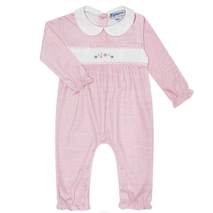 Pink Herringbone with Embroidered Flowers Playsuit by Nellapima