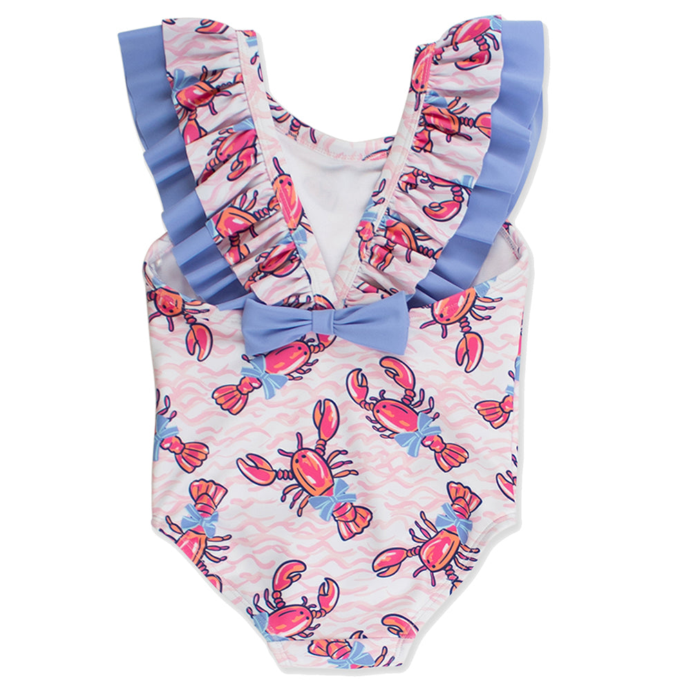 Pink Lobster Lagoon Bow V-Back One-Piece Swimsuit by RuffleButts
