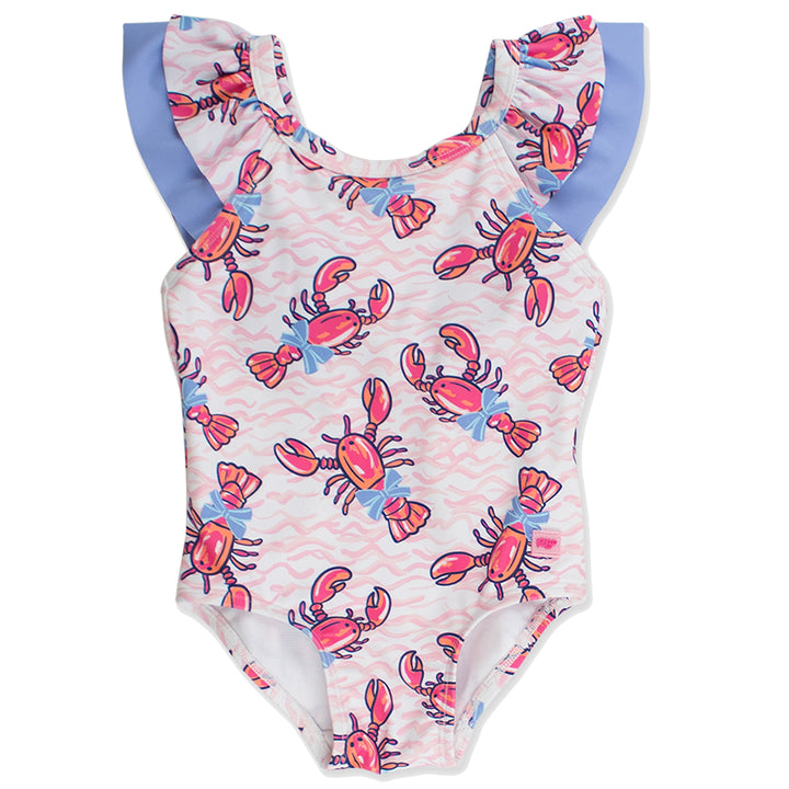 Pink Lobster Lagoon Bow V-Back One-Piece Swimsuit by RuffleButts
