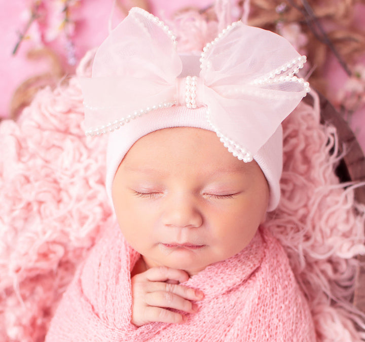 Pink with Pearl-Trimmed Chiffon Bow Newborn Beanie Hat by Ilybean