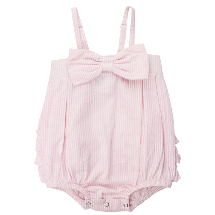 Pink Seersucker Bow Bubble Woven Romper by RuffleButts