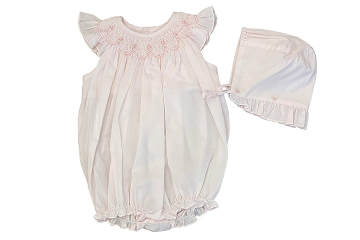Pink Smocked Rosebud Bubble with Hat by Petit Ami