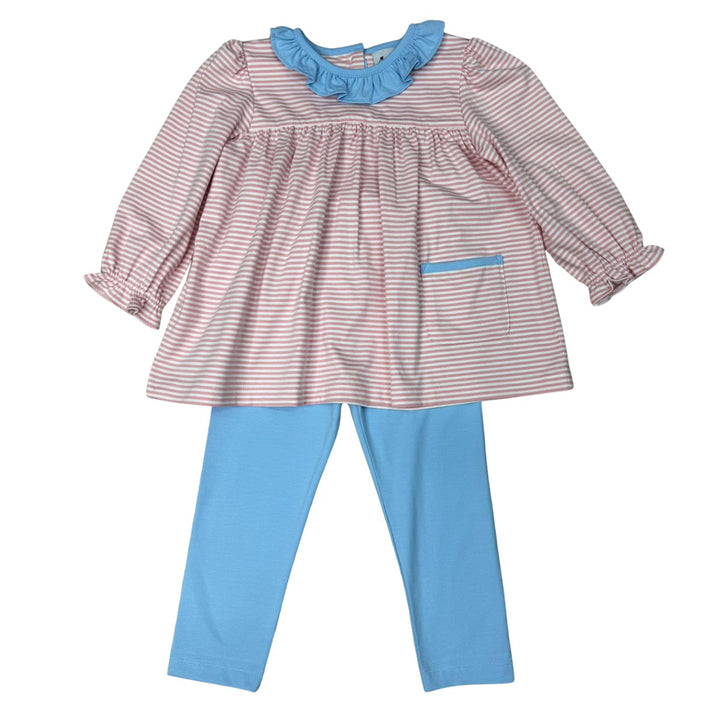 Pink / White Stripe with Blue Trim Leggings Set by Delaney