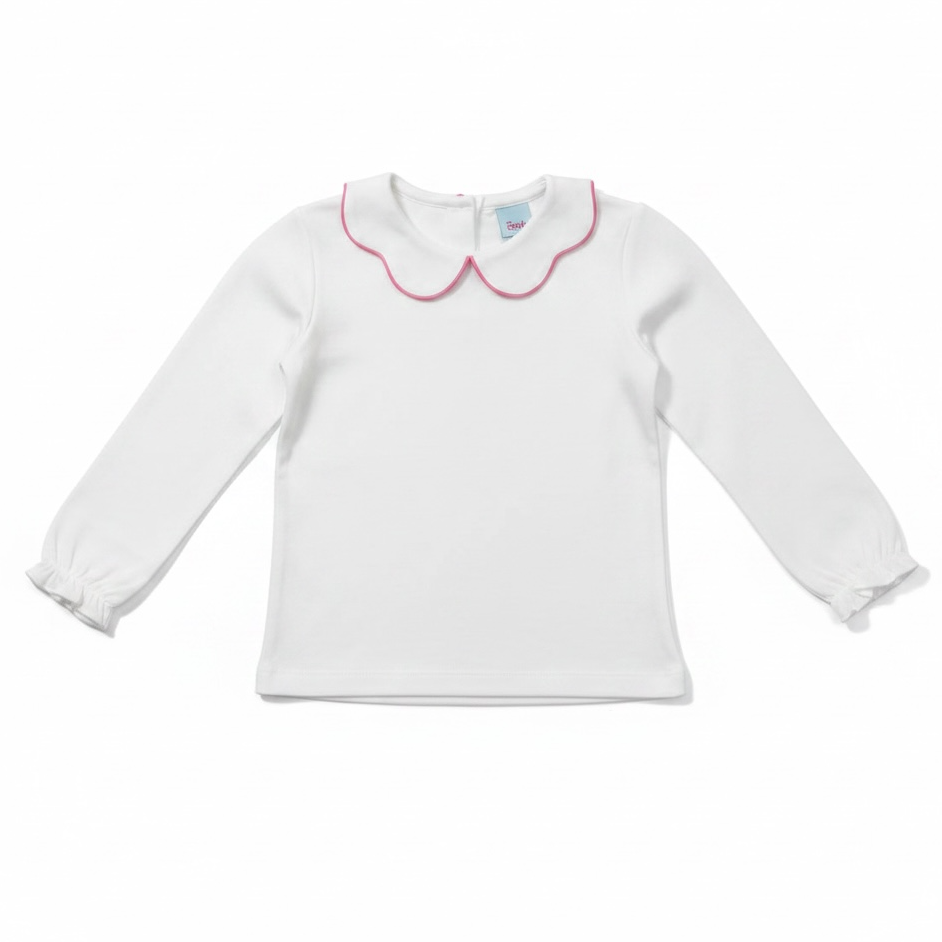 White Blouse with Pink Trimmed Scallop Collar by The Smiley Crab