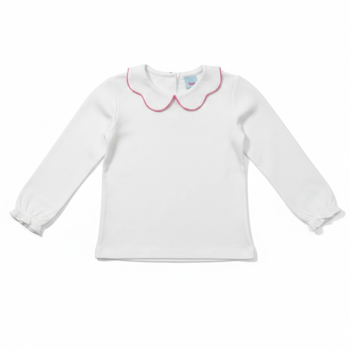 White Blouse with Pink Trimmed Scallop Collar by The Smiley Crab
