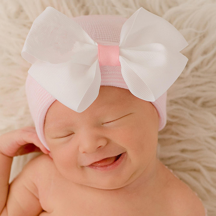 Pink with White Bow Newborn Beanie Hat by Ilybean