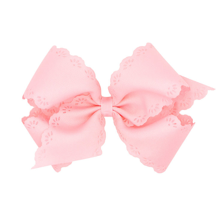 Powder Pink Grosgrain Bow with Eyelet Flower Embossed Edges by Wee Ones (2 Sizes)