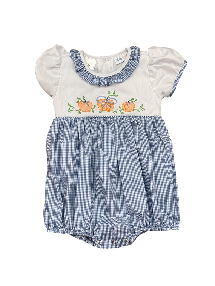 Pumpkins Embroidered on Blue Check Bubble by LuLu BeBe