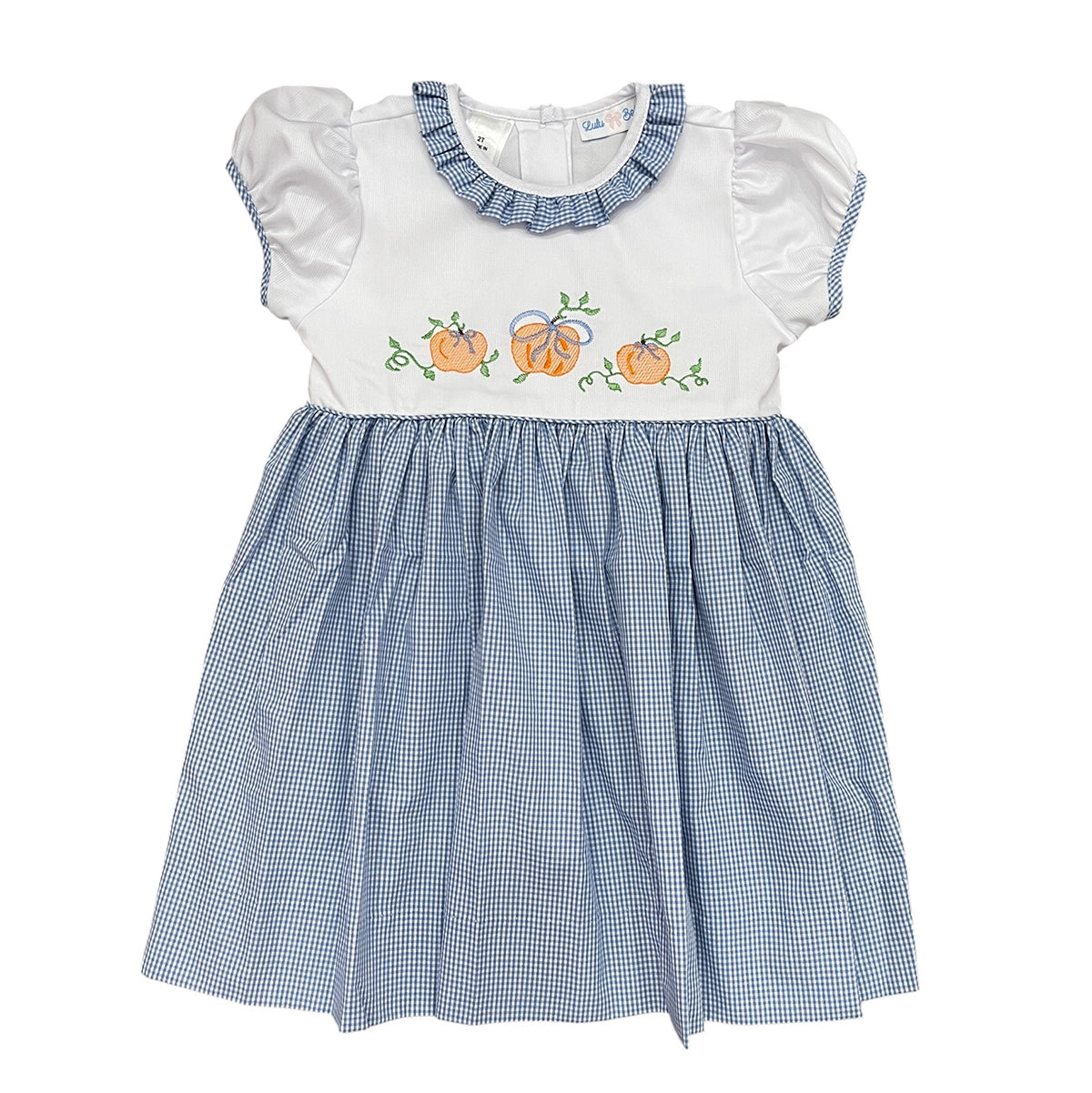 Pumpkins Embroidered on Blue Check Dress by LuLu BeBe