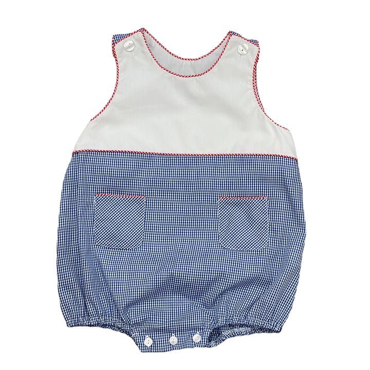 Petit Bebe Royal Blue Gingham Boy's Romper with Red Gingham Trim