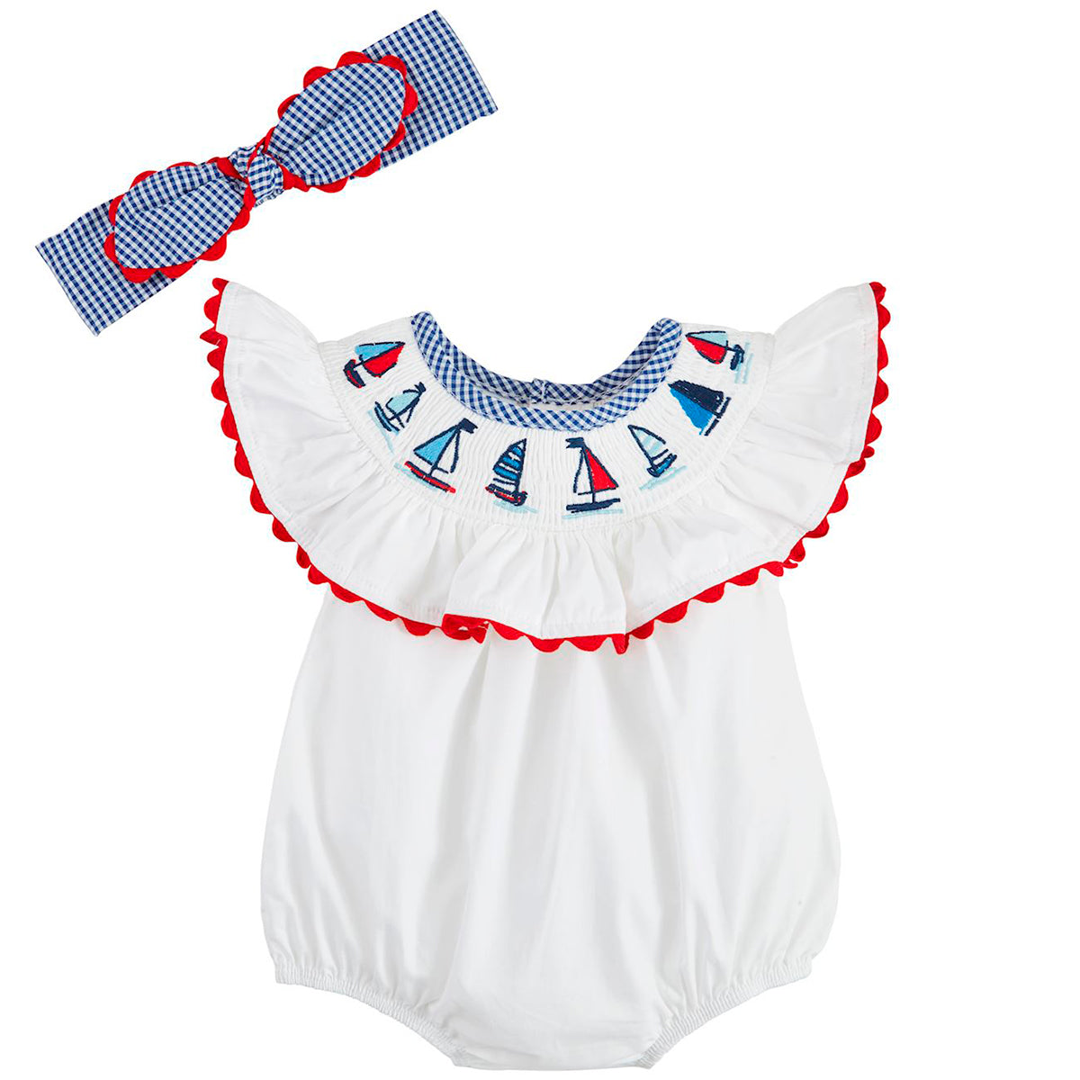 Sailboat Smocked Girl's Bubble and Headband by Mud Pie