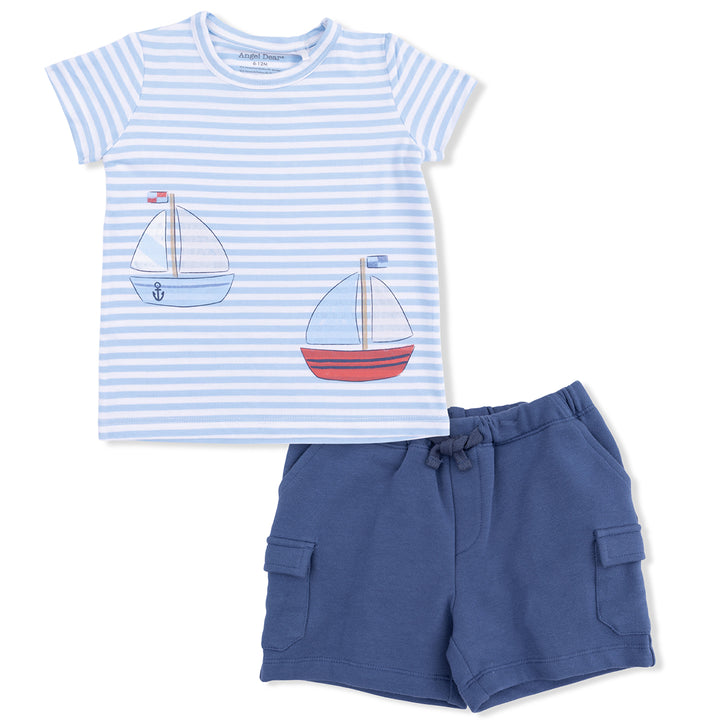 Sailboats on Blue Stripe Tee with Cargo Shorts by Angel Dear