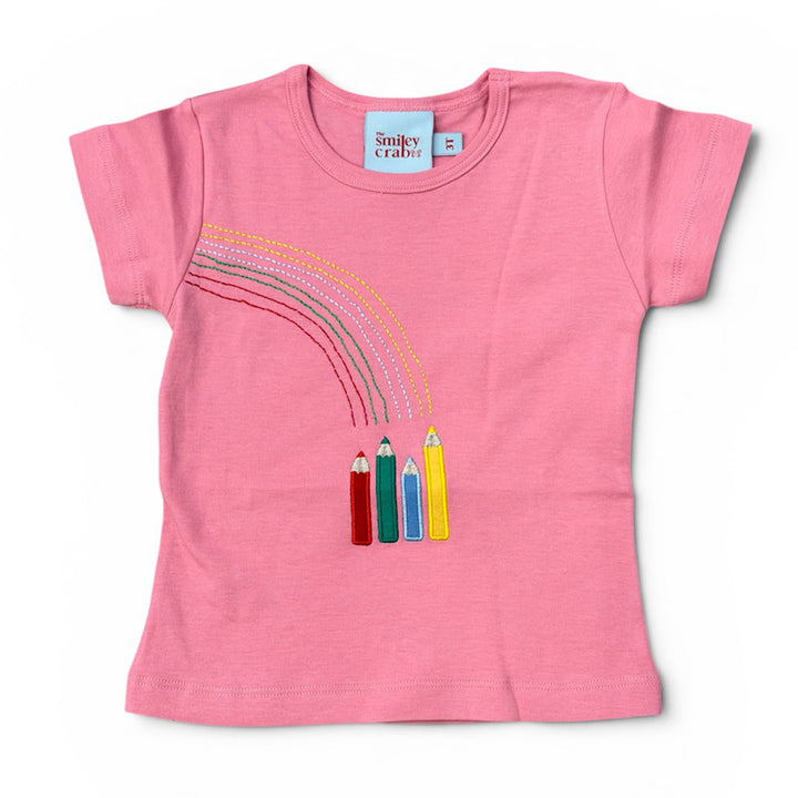 Back to School Pencil Rainbow on Pink Shirt by The Smiley Crab