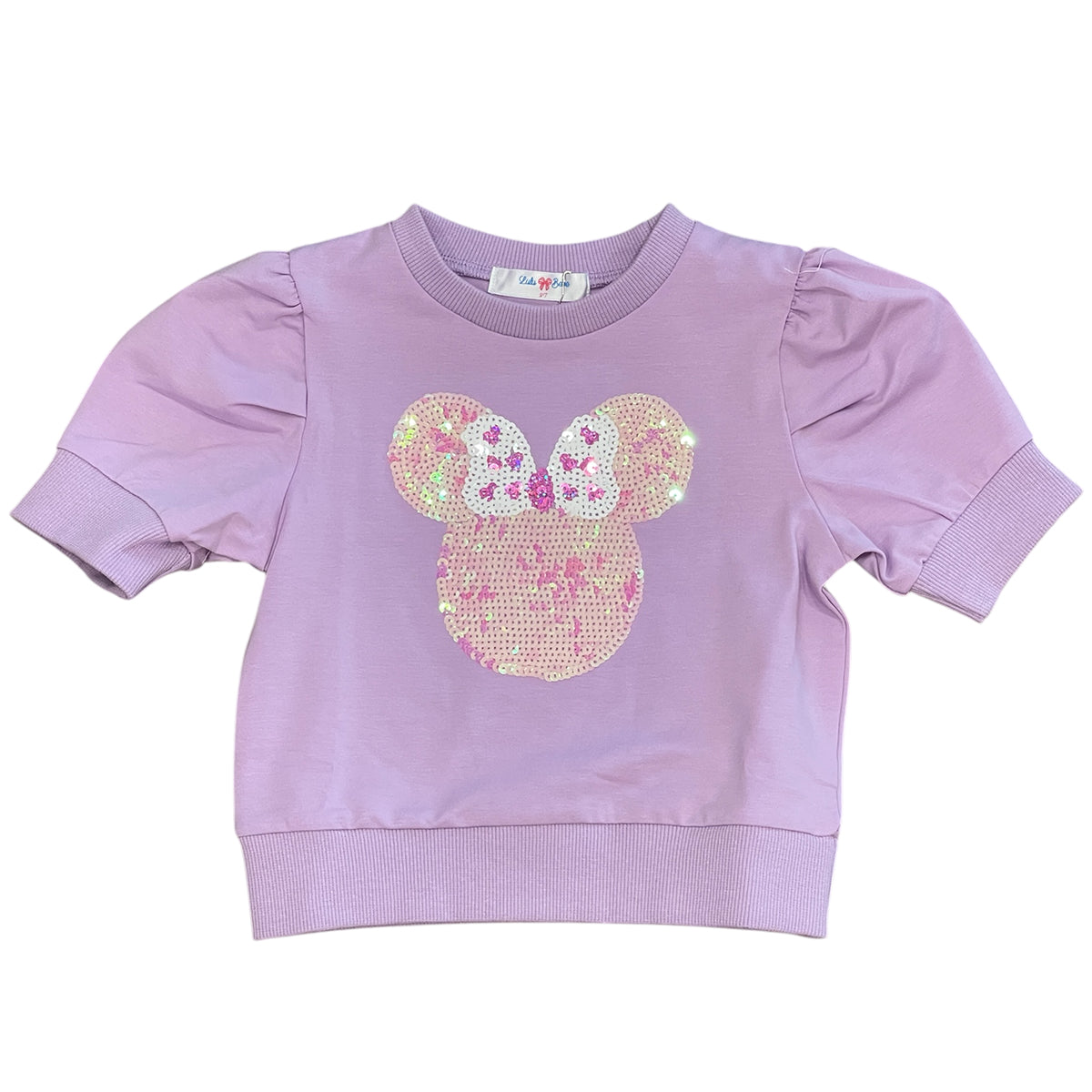 Sequin Minnie Face on Lavender Puff Sleeve Shirt by LuLu BeBe