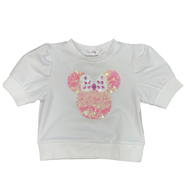 Sequin Minnie Face on White Puff Sleeve Shirt by LuLu BeBe