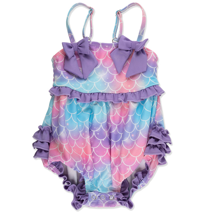 Shimmer Mermaid Bow Bubble Romper Swimsuit by RuffleButts