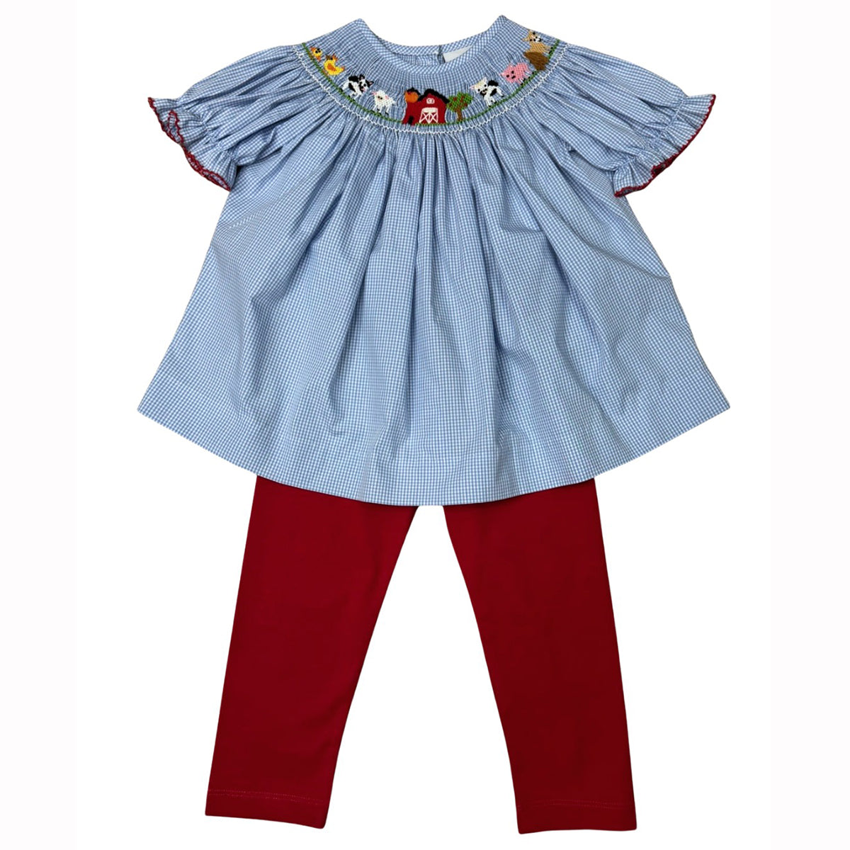Smocked Farm Animals on Blue Check Bishop / Legging Set by Delaney