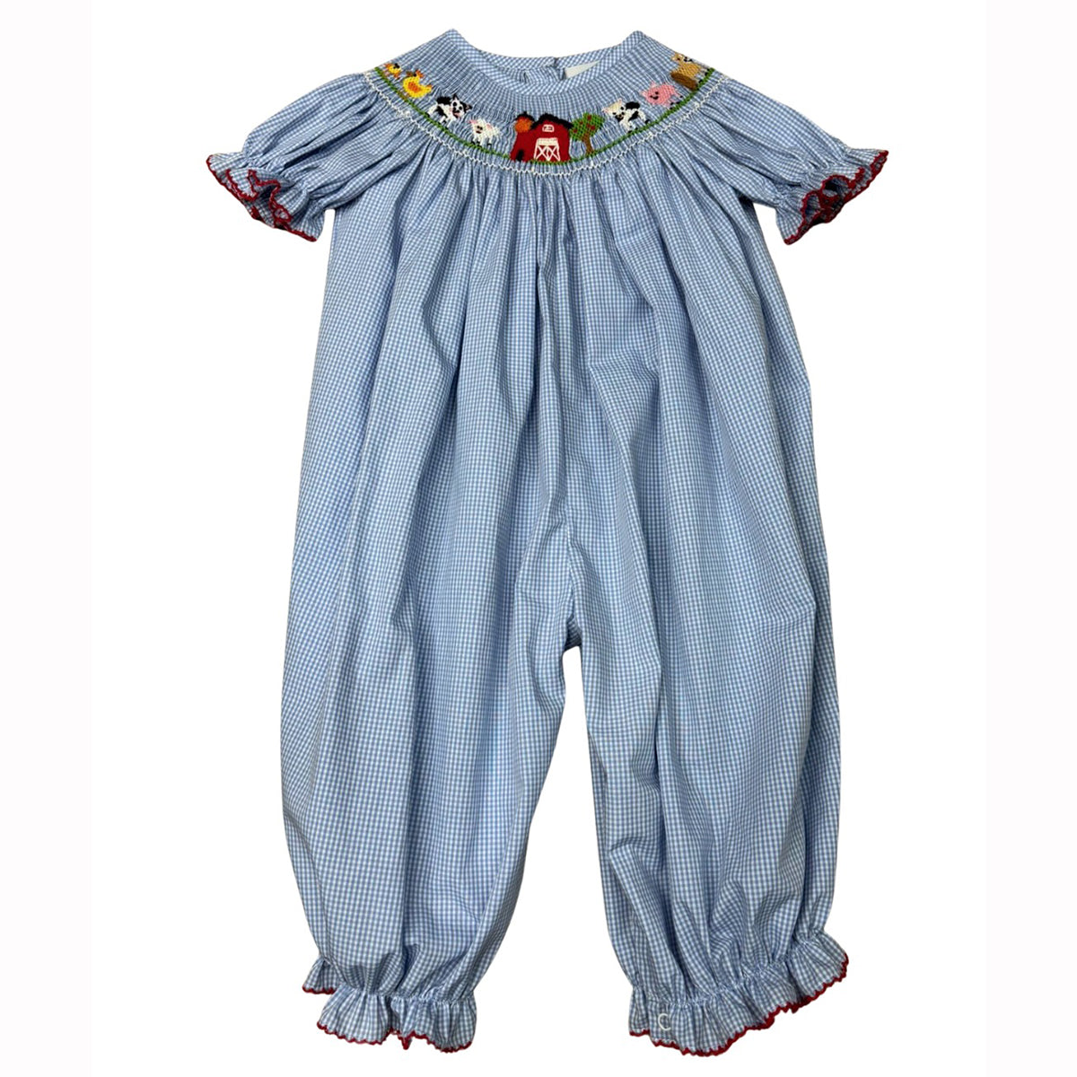 Smocked Farm Animals on Blue Check Romper by Delaney