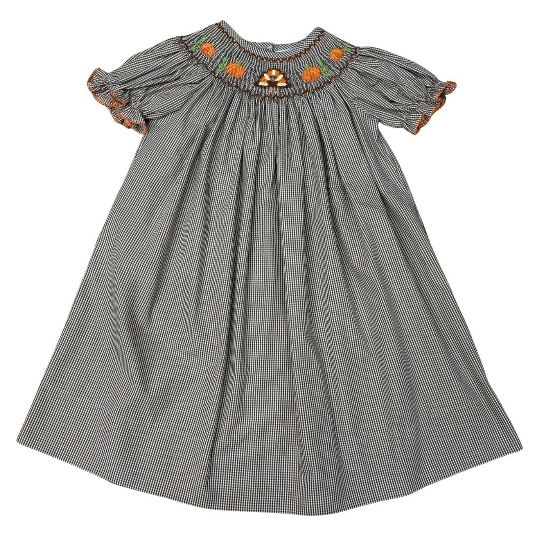 Smocked Turkey and Pumpkins on Brown Check Bishop Dress by Delaney