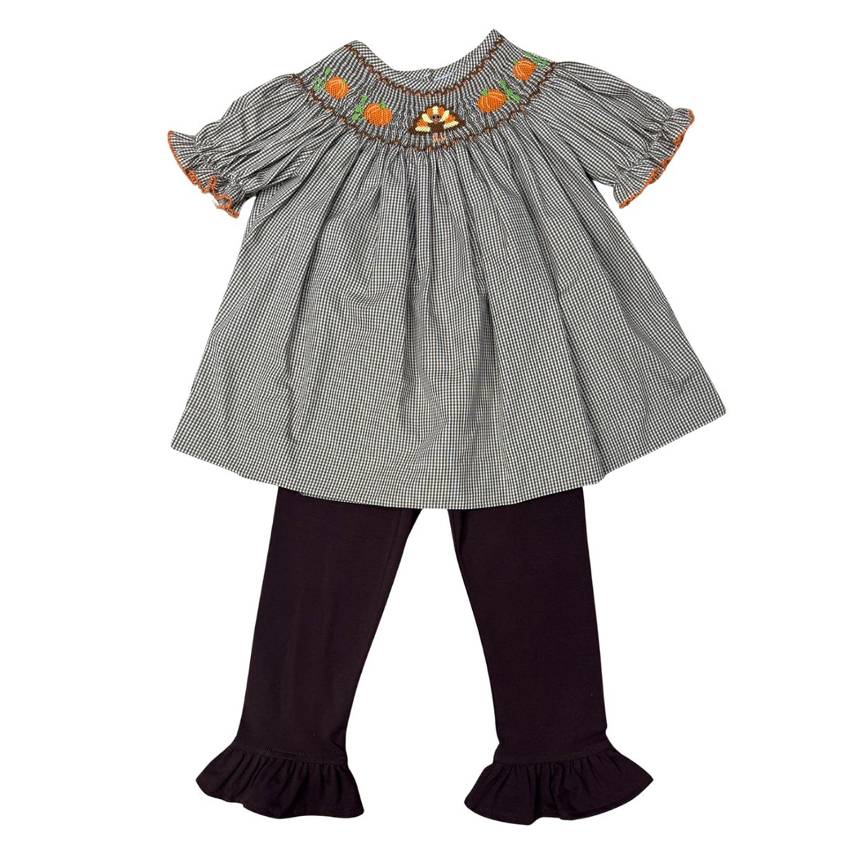 Smocked Turkey and Pumpkins on Brown Check Bishop Legging Set by Delaney
