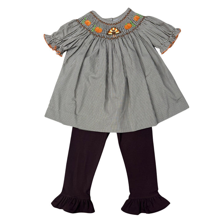 Smocked Turkey and Pumpkins on Brown Check Bishop Legging Set by Delaney