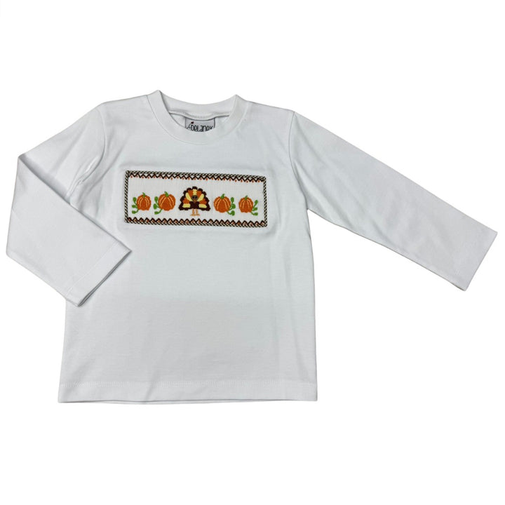 Smocked Turkey and Pumpkins Shirt by Delaney