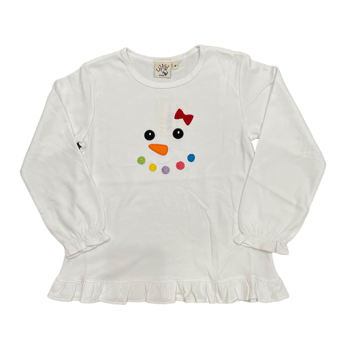 Snowman Face with Bow Long Sleeve Ruffle Top by Luigi